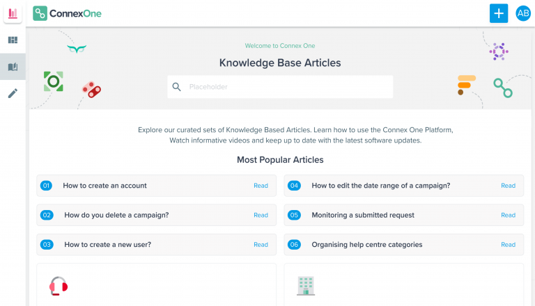 A screenshot of the welcome page of Connex’s Knowledge Base Hub