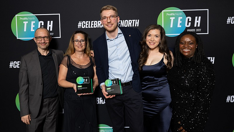 Photograph of the ConnexAI team holding their awards from the Prolific North Tech Awards 2022.